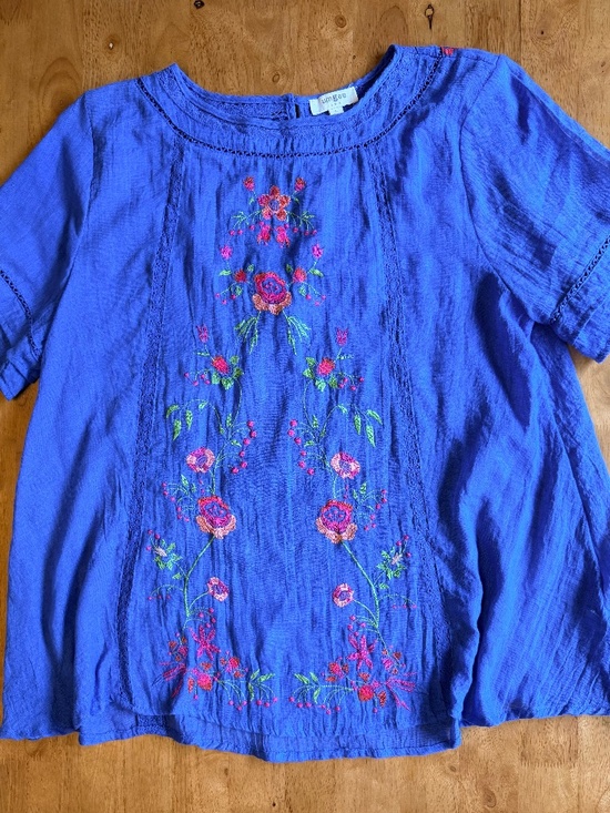 Umgee Tops - Umgee Blue Floral Embroidered Boho Blouse Lace Trim Short Sleeve Top Large
